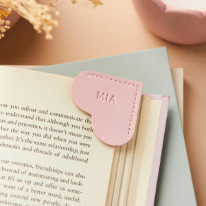 martha brook personalised heart shaped corner bookmark on book