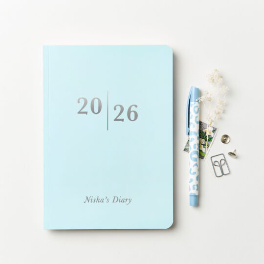 martha brook personalised stationery personalised analogue 2026 weekly diary in mint green with silver foil