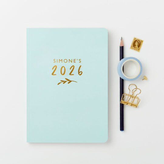 martha brook personalised stationery personalised bloom 2026 weekly diary in mint green with gold foil