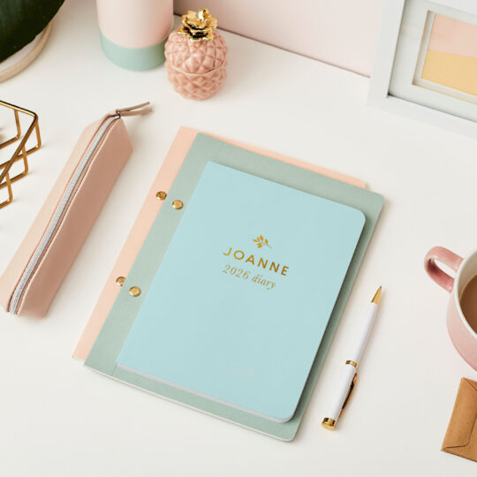 martha brook personalised stationery personalised traditional 2026 softback and hardback diary australia softback diary in mint green with gold foil
